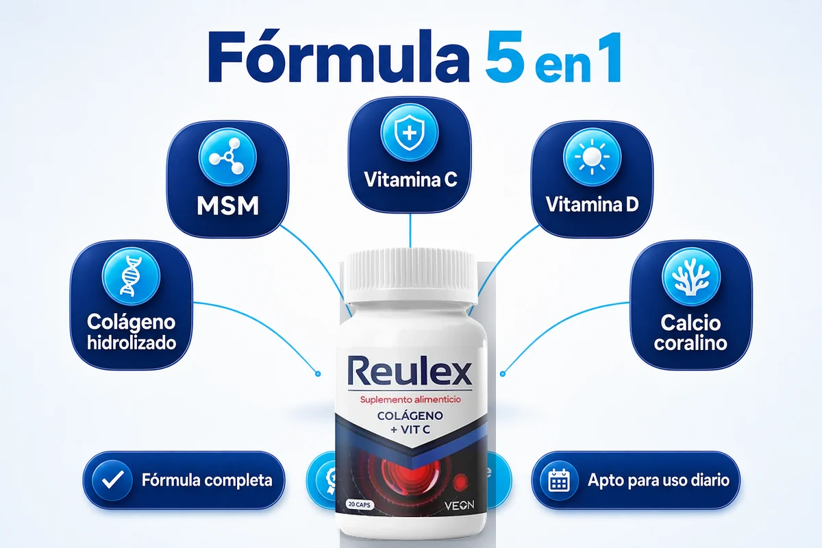 Fórmula 5 en 1 de Reulex: colágeno hidrolizado, MSM, vitamina C, vitamina D y calcio coralino reunidos en una sola cápsula