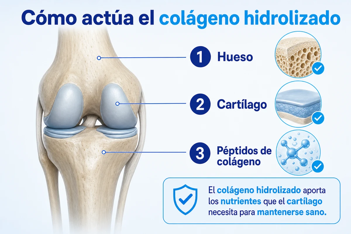 Diagrama de una articulación de rodilla con hueso, cartílago y péptidos de colágeno: el colágeno hidrolizado aporta los nutrientes que el cartílago necesita